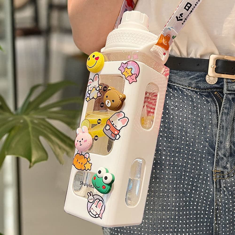 Kawaii Water Bottle With Straw And Sticker 23.6Oz No Leak Large Cute Kawaii  Bear Water Bottles Sport Plastic Portable Square Drinking Bottle For Kids