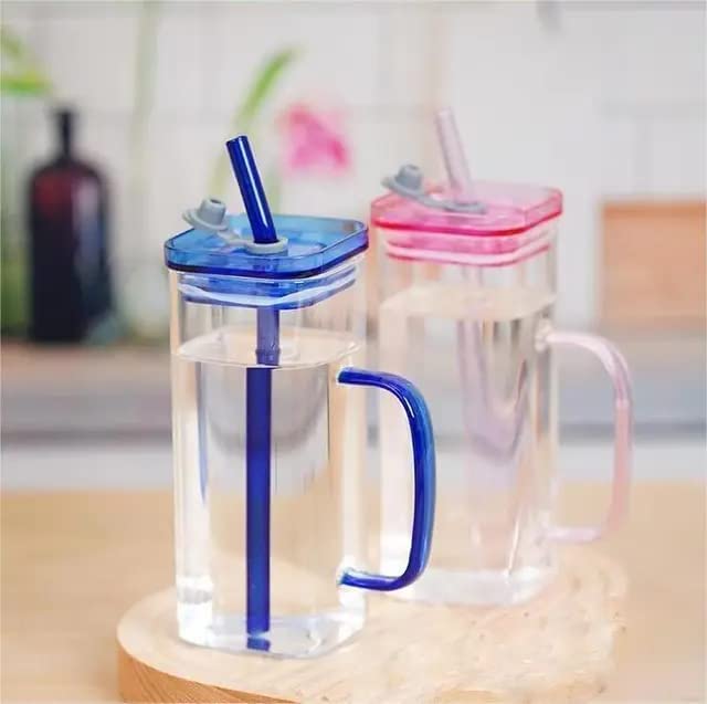 Square Mason Jars with Handle | Juice Glass | Green Tea | Coffee Cup Glass | With Straw | 380ml