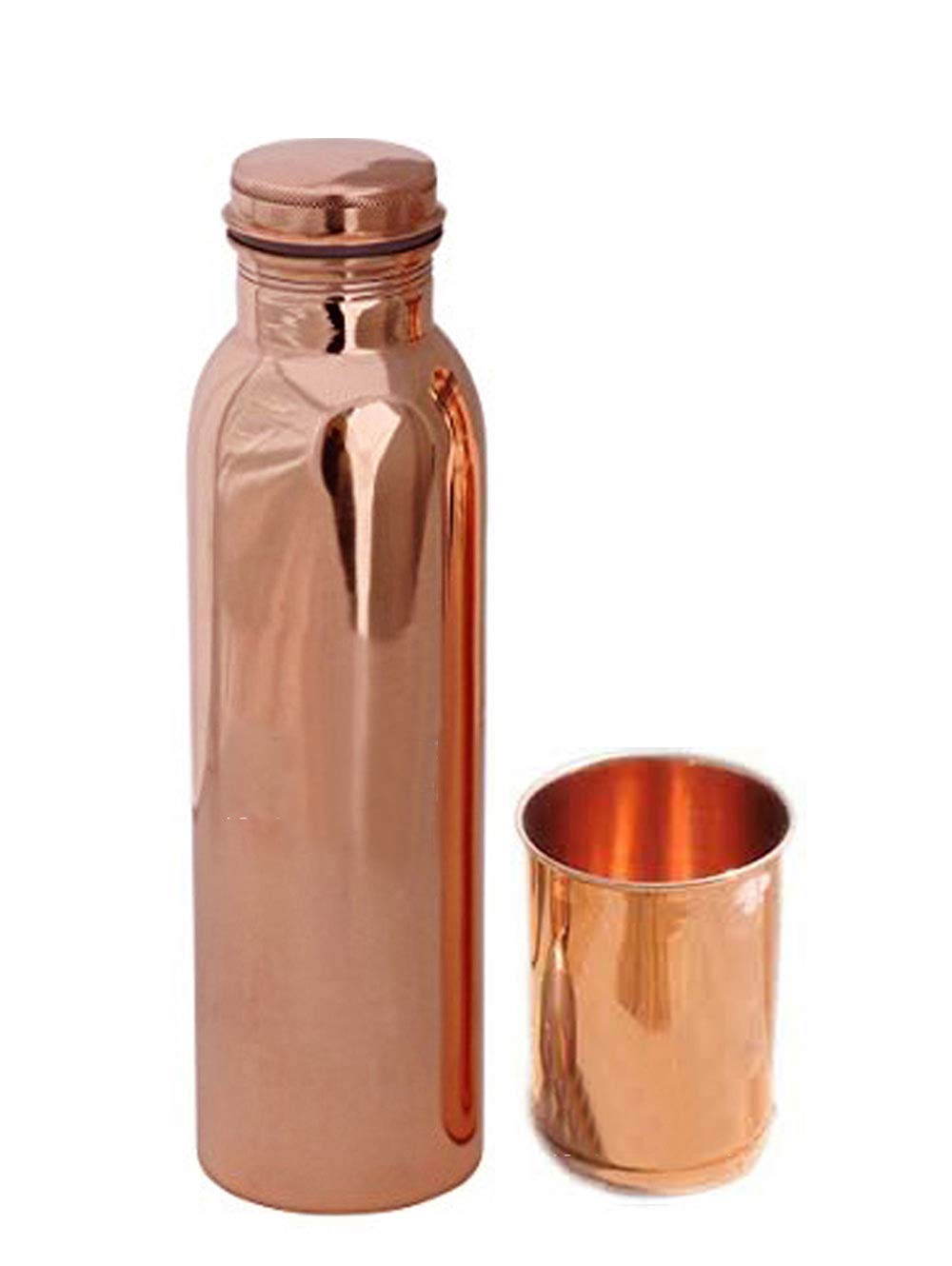 Pure Copper Drinking Water Duo - Stylish 700 ML Bottle + 300 ML Glass - Exquisite Gift Set (2-Pack, Brown)