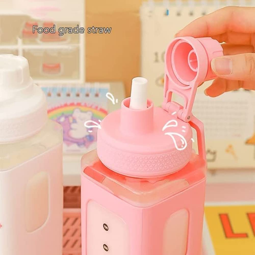 Kawaii Water Bottle With Straw And Sticker 23.6Oz No Leak Large Cute Kawaii  Bear Water Bottles Sport Plastic Portable Square Drinking Bottle For Kids