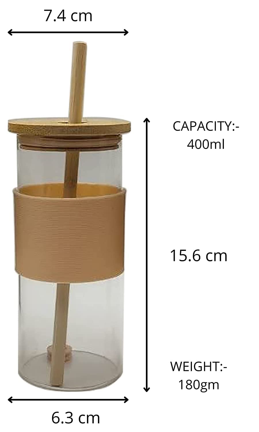 Glass Tumbler | Wooden Lid & Straw | Silicone Sleeve | 400ML | Multicolor