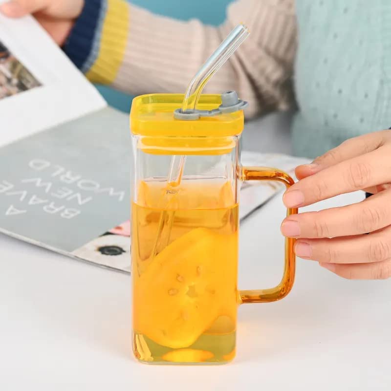 Square Mason Jars with Handle | Juice Glass | Green Tea | Coffee Cup Glass | With Straw | 380ml