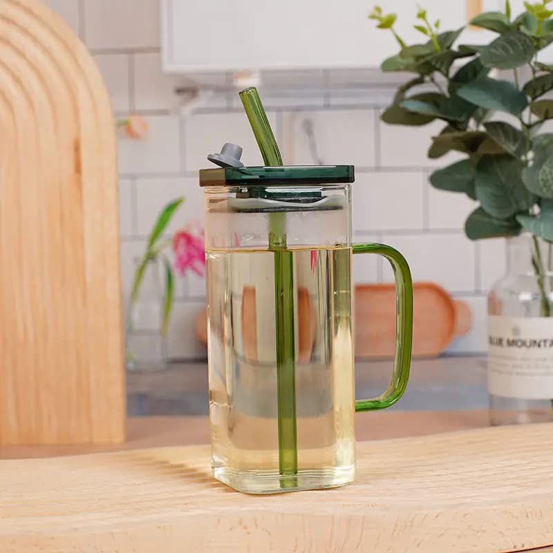 Square Mason Jars with Handle | Juice Glass | Green Tea | Coffee Cup Glass | With Straw | 380ml