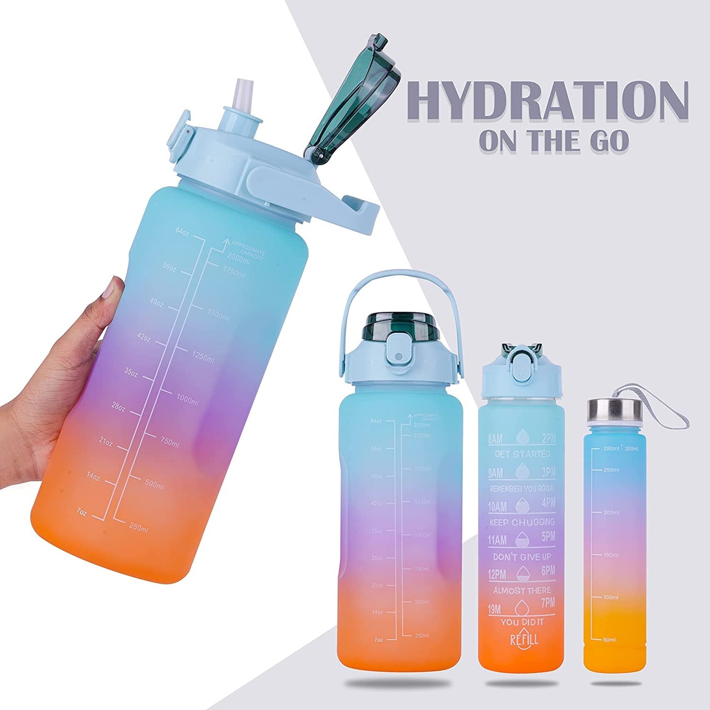 Motivational Water bottle | Sports Water bottle | Set Of 3 | 2000+900+300 ML (BPA Free)