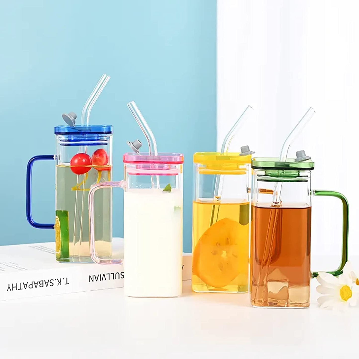 Square Mason Jars with Handle | Juice Glass | Green Tea | Coffee Cup Glass | With Straw | 380ml