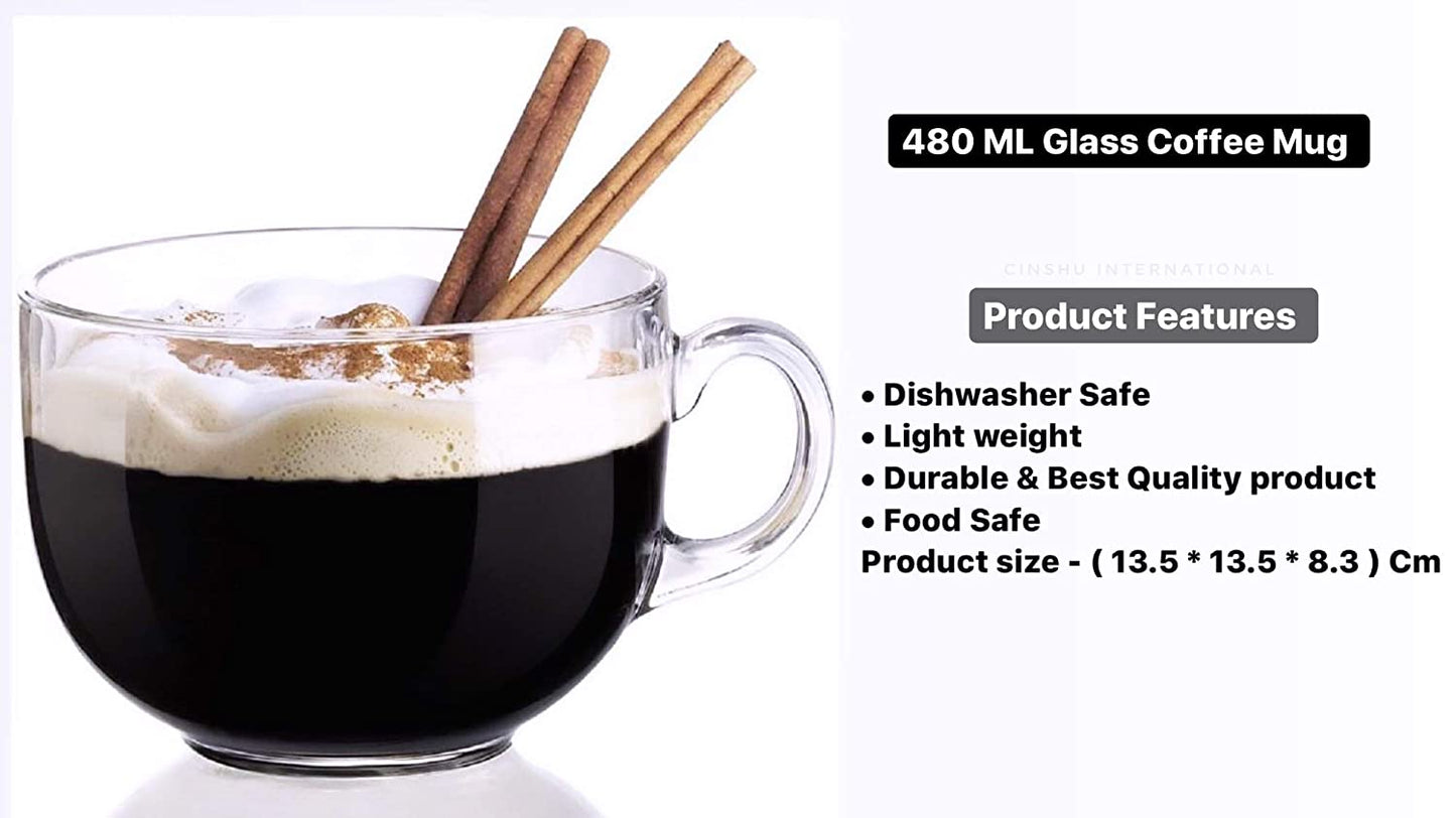 480 ML Glass Coffee Mug with Handle | Cereal Mug | Set Of 2