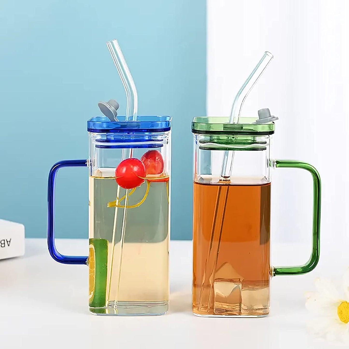 Square Mason Jars with Handle | Juice Glass | Green Tea | Coffee Cup Glass | With Straw | 380ml