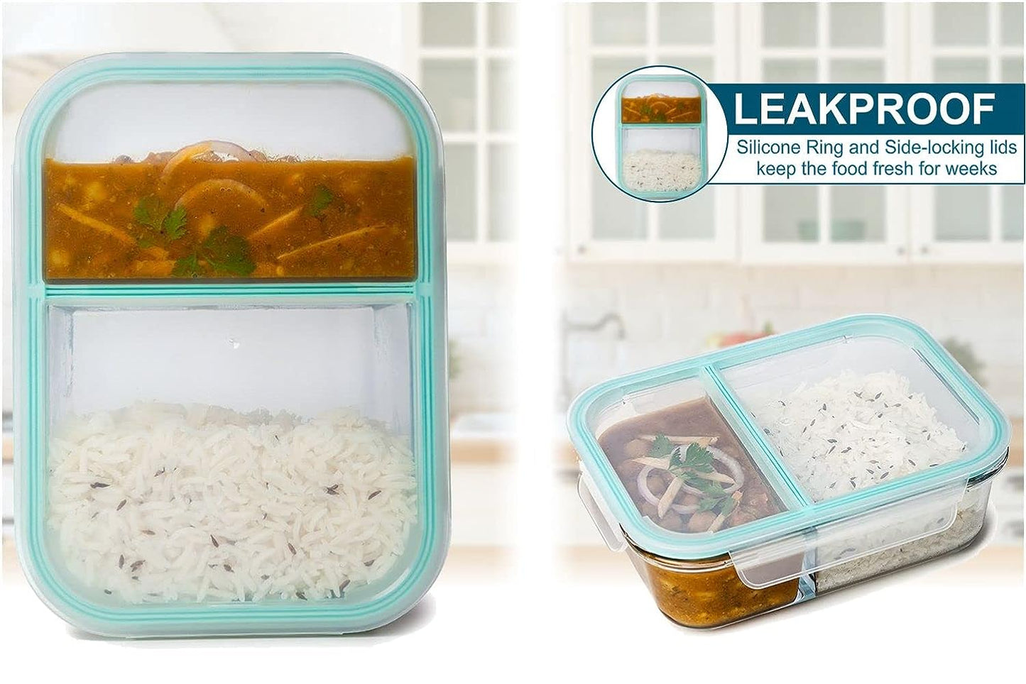 Borosilicate Glass Tiffin | Glass Lunch Box | 2 Compartment Food Container | 1000ML | 100% Spill Proof