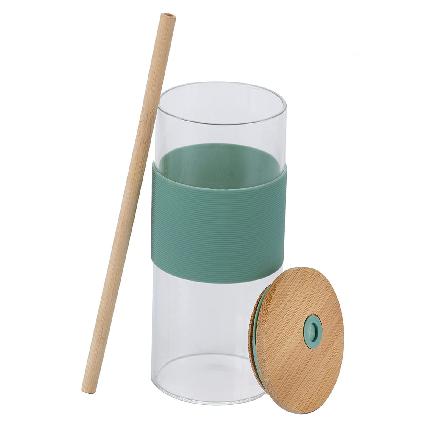 Glass Tumbler | Wooden Lid & Straw | Silicone Sleeve | 400ML | Multicolor