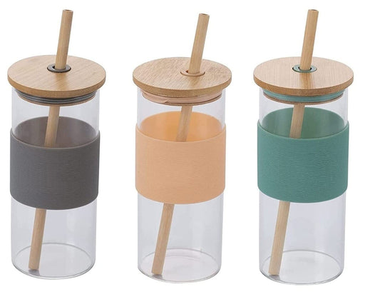 Glass Tumbler | Wooden Lid & Straw | Silicone Sleeve | 400ML | Multicolor