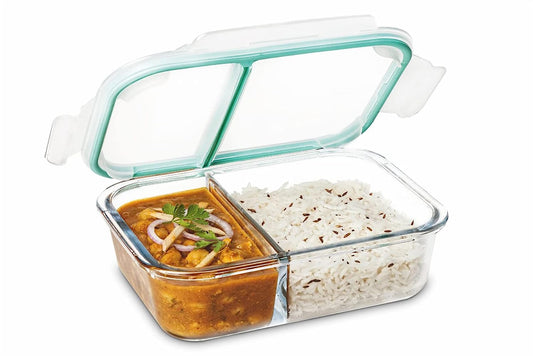 Borosilicate Glass Tiffin | Glass Lunch Box | 2 Compartment Food Container | 1000ML | 100% Spill Proof