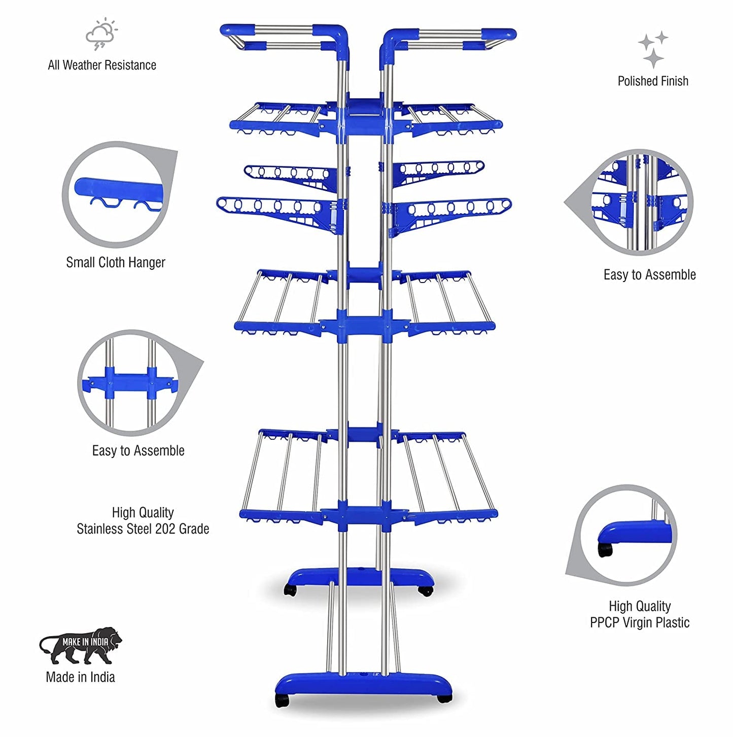 Premium Stainless Steel Cloth Dryer Stand with Heavy Duty Double Pole Design and 3 Layers - Ideal for Balconies | Includes 12-Month Warranty