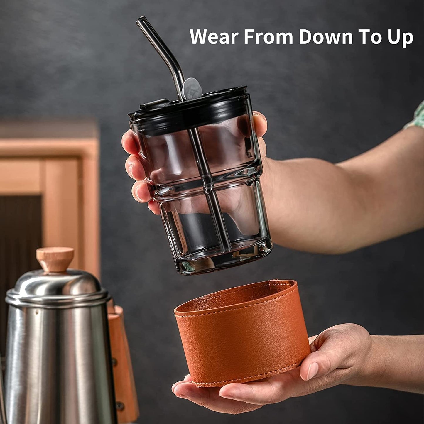 Glass Tumbler | Leather Sleeve | 435 ML | Dual Use | Travel Essential | Coffee Mug | Leak Proof