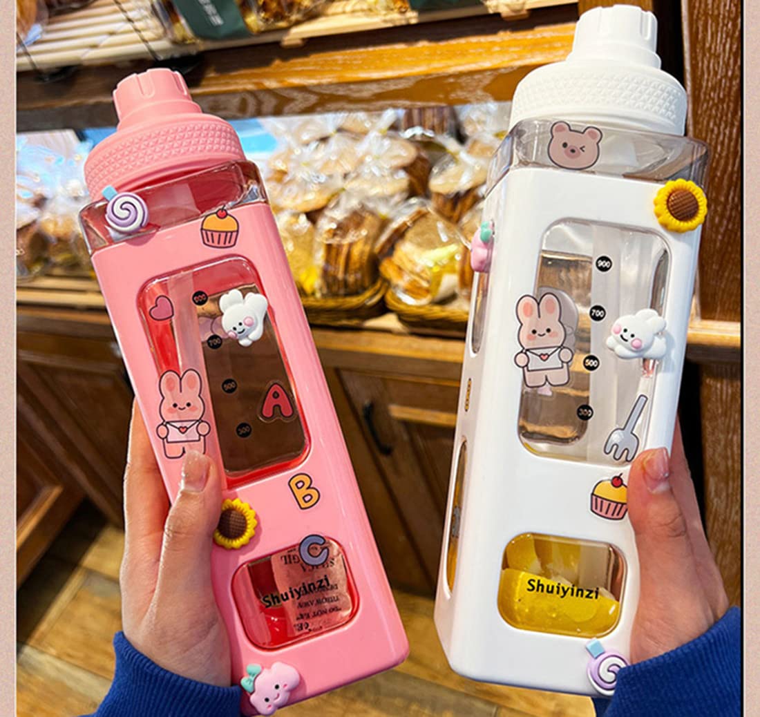 Kawaii Water Bottle With Straw And Sticker 23.6Oz No Leak Large Cute Kawaii  Bear Water Bottles Sport Plastic Portable Square Drinking Bottle For Kids