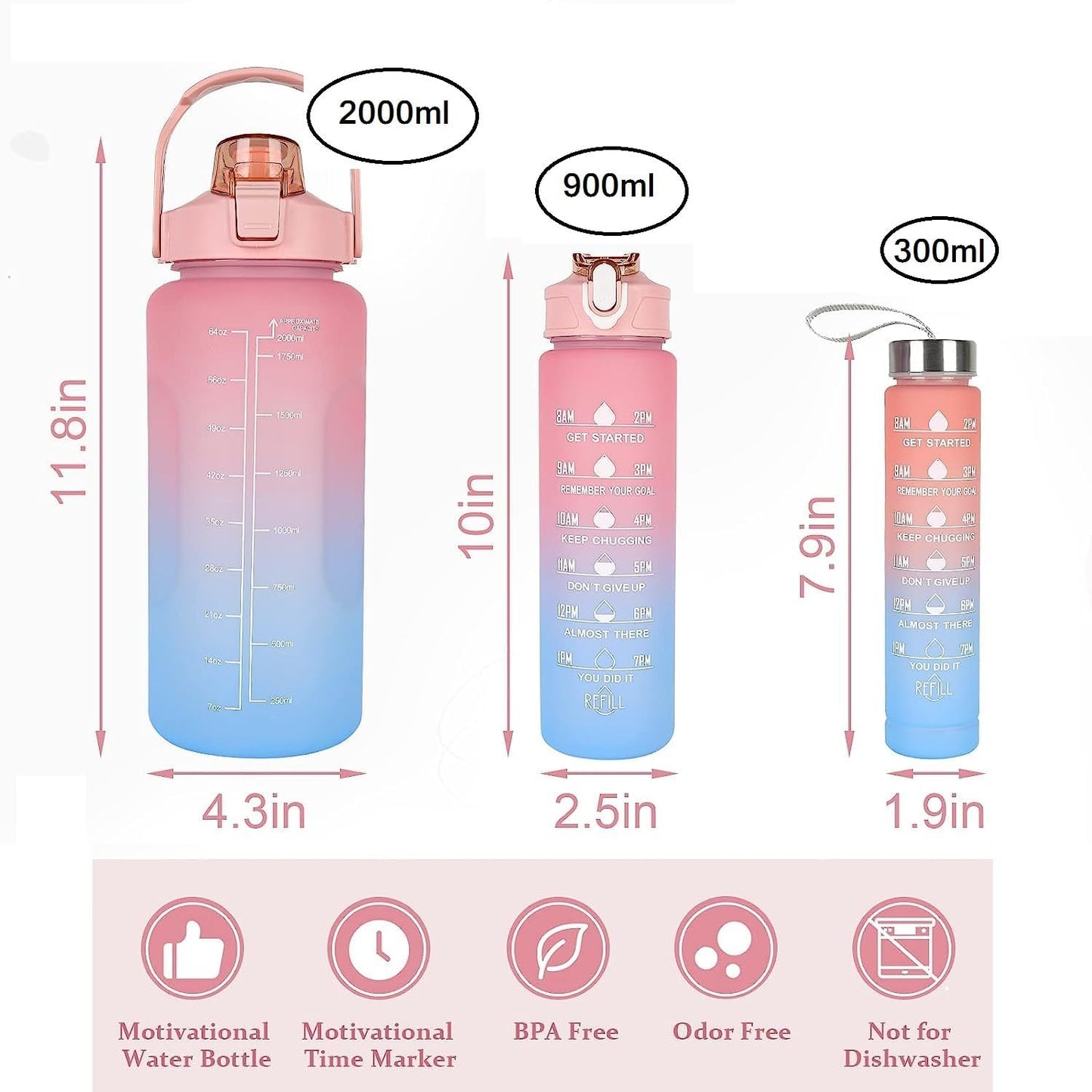 Motivational Water bottle | Sports Water bottle | Set Of 3 | 2000+900+300 ML (BPA Free)