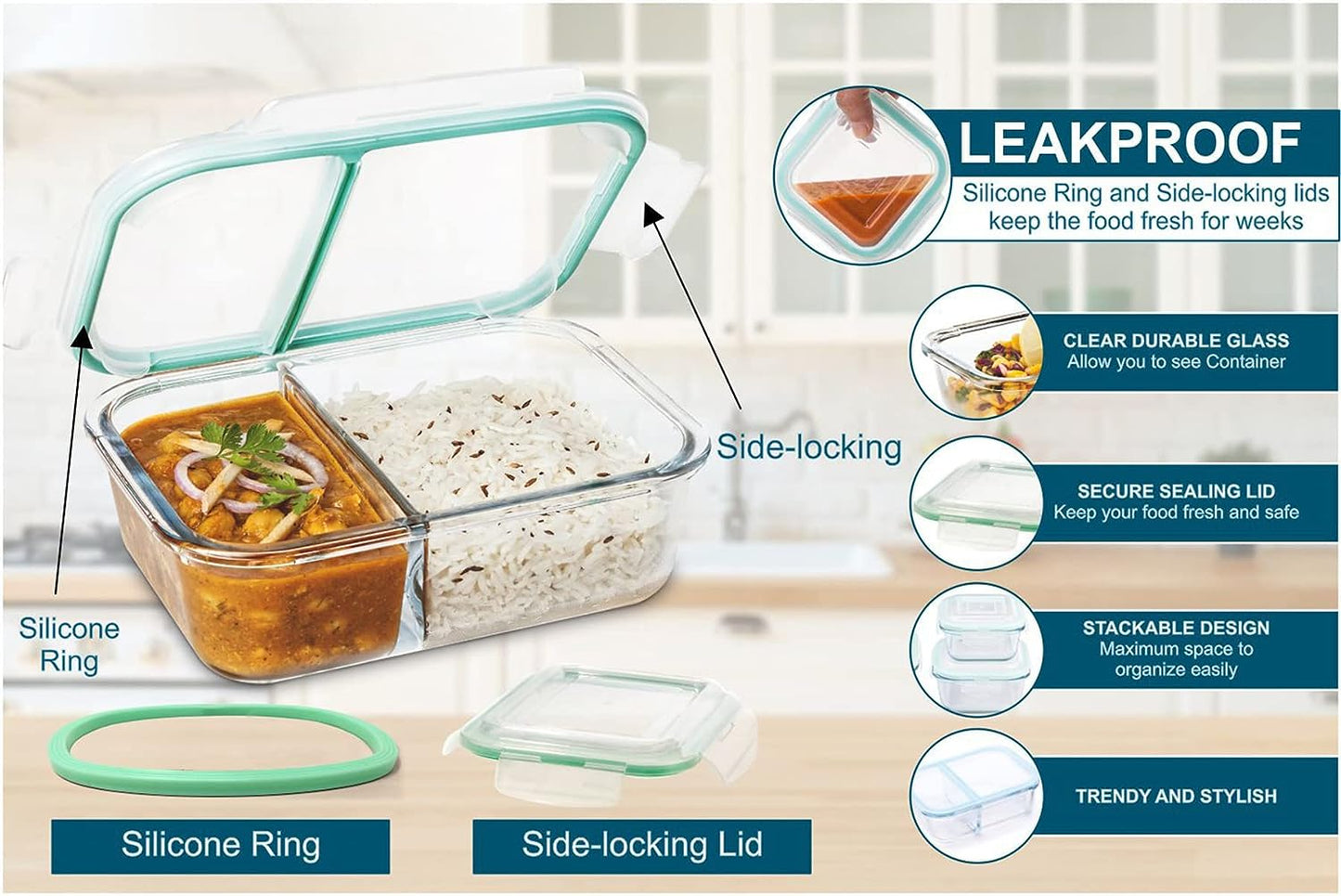 Borosilicate Glass Tiffin | Glass Lunch Box | 2 Compartment Food Container | 1000ML | 100% Spill Proof