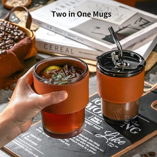 Glass Tumbler | Leather Sleeve | 435 ML | Dual Use | Travel Essential | Coffee Mug | Leak Proof