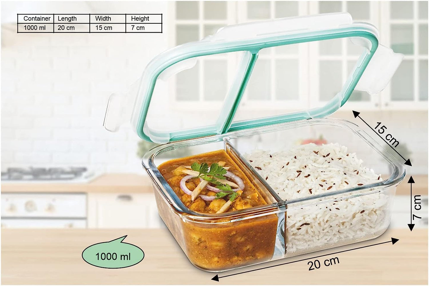 Borosilicate Glass Tiffin | Glass Lunch Box | 2 Compartment Food Container | 1000ML | 100% Spill Proof