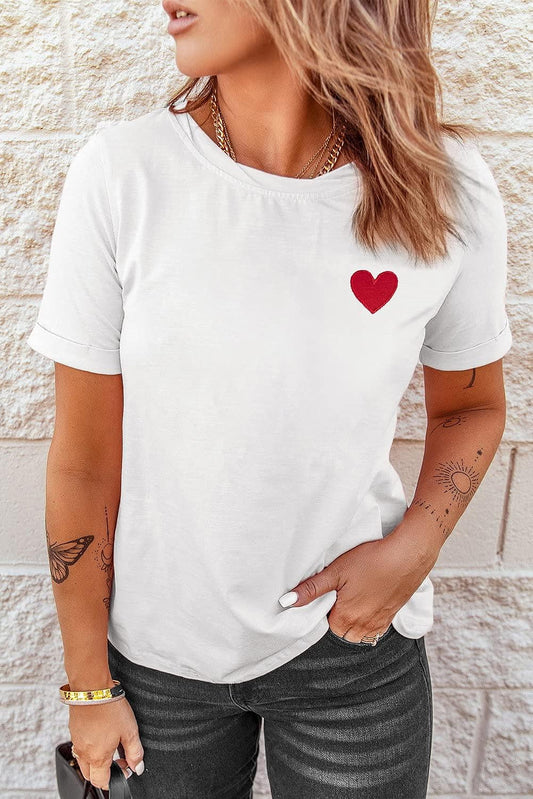 Women's Valentines Heart Pattern Embroidery T-Shirt