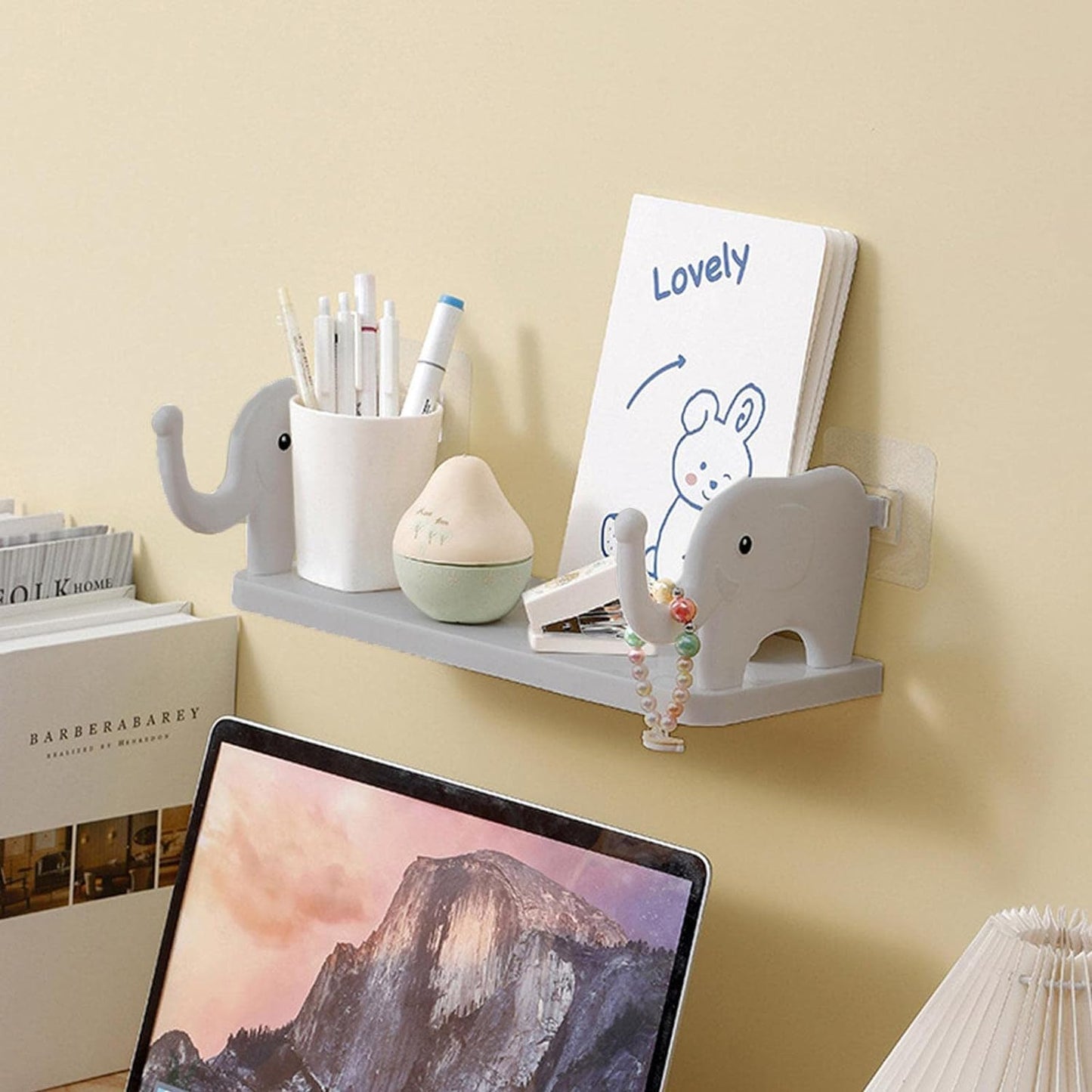 Elephant-Inspired Wall Hanging Bathroom Storage: Stylish Floating Shelf and Hook Rack for Home Office Organization