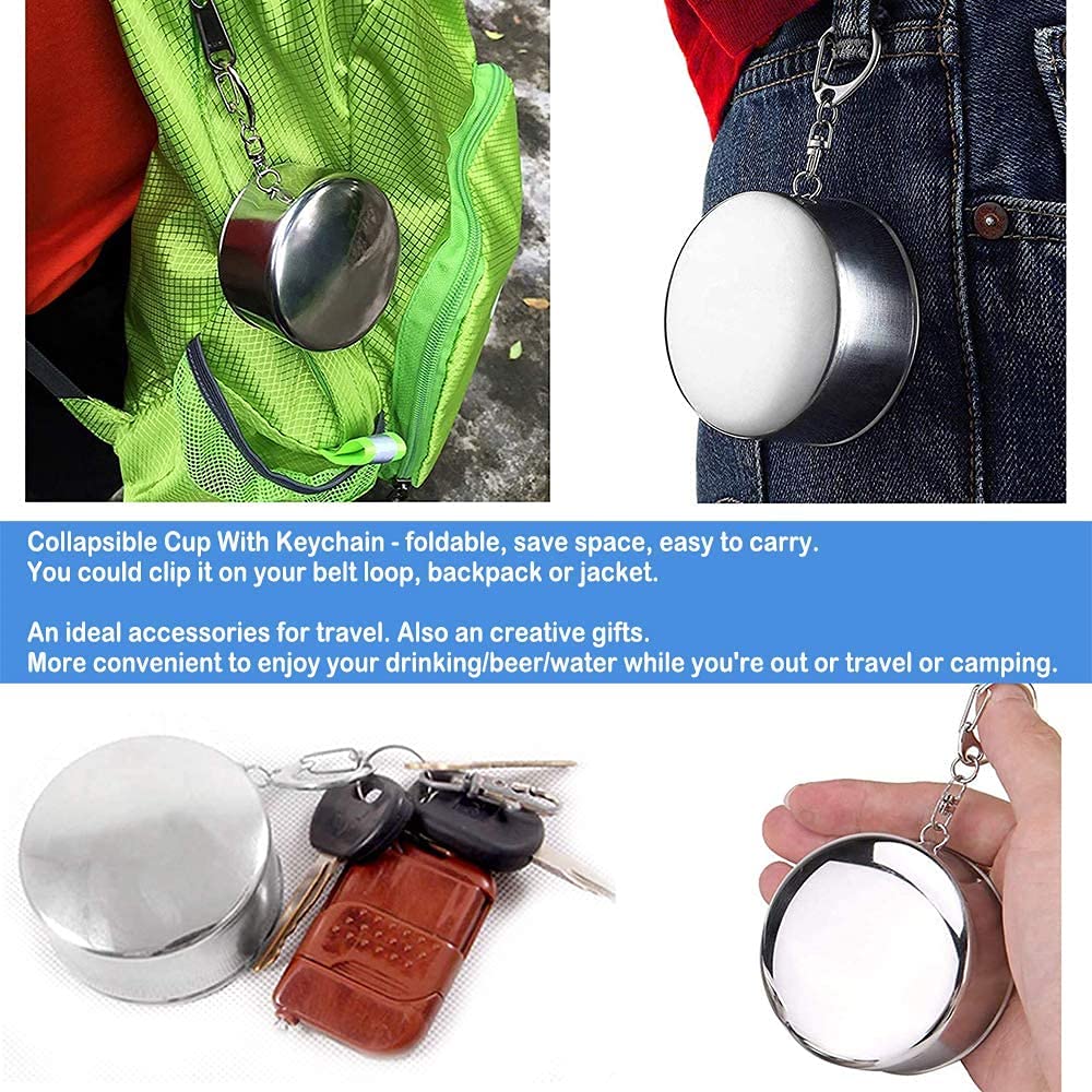 Stainless Steel Pocket Glass | Traveling Steel Glass | Collapsible | For Trekking or Camping | Key Chain Steel Glass