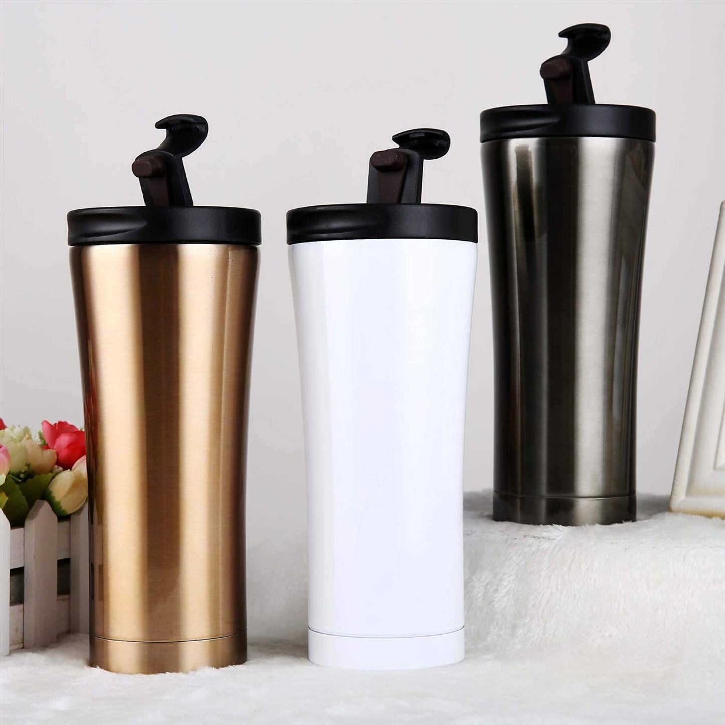 500ml Stainless Steel Tumbler with Lid Double Wall Travel Water Bottle Cup Coffee Mug for Ice and Hot Beverage (Gold, Pack of 2)