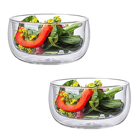 Double Wall Transparent Glass Bowl / Heat Resistant, Non-Slip & Light-Weight (Set of 2)