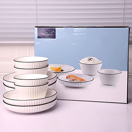 Porcelain Kitchen Dinnerware Set with Plates and Bowls Soup Bowls, Dinner Plates, Salad Plates Microwave Safe (4 Bowls + 4 Plates)