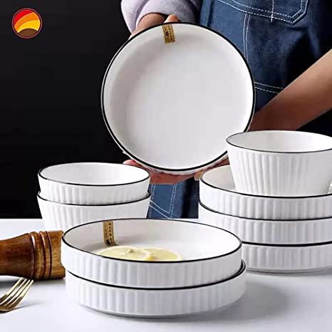 Porcelain Kitchen Dinnerware Set with Plates and Bowls Soup Bowls, Dinner Plates, Salad Plates Microwave Safe (4 Bowls + 4 Plates)