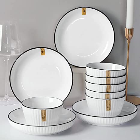 Porcelain Kitchen Dinnerware Set with Plates and Bowls Soup Bowls, Dinner Plates, Salad Plates Microwave Safe (4 Bowls + 4 Plates)