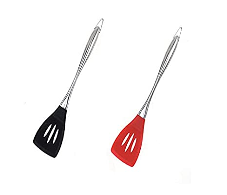 Stainless Steel Heat Resistant Silicone Spatula - Slotted Turner Spatula Flexible Silicone Spatula Turner for Cooking and Non Stick Cookware Mix Pack of 2