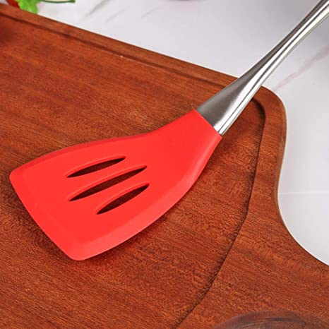 Stainless Steel Heat Resistant Silicone Spatula - Slotted Turner Spatula Flexible Silicone Spatula Turner for Cooking and Non Stick Cookware Mix Pack of 2