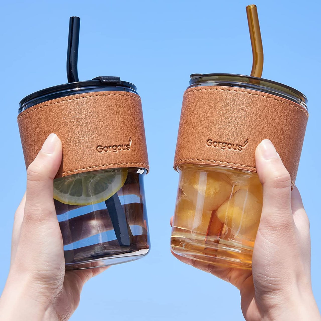 Glass Tumbler | Leather Sleeve | 435 ML | Dual Use | Travel Essential | Coffee Mug | Leak Proof