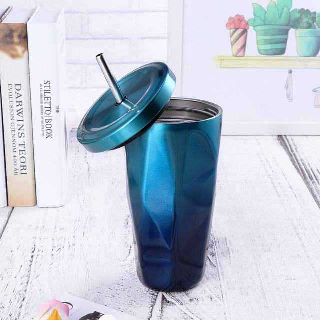 Diamond Shaped Stainless Steel Vacuum Insulated Mug With Straw - 500 ML