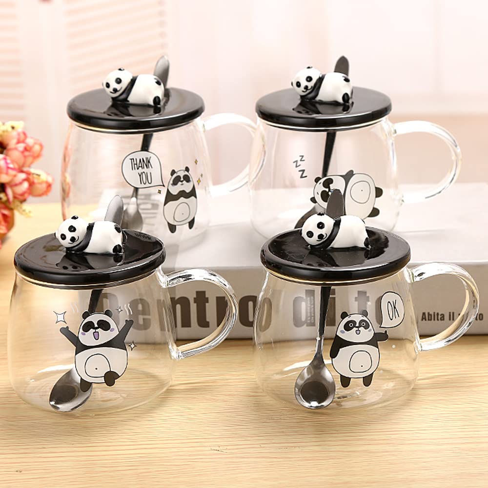 3D Glass Panda Mug With Lid & Spoon