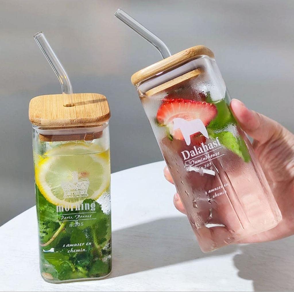 Square Mocktail Tumbler With Acacia Wooden Lid and Glass Straw - 385ML |  Free Smoothy e-Book