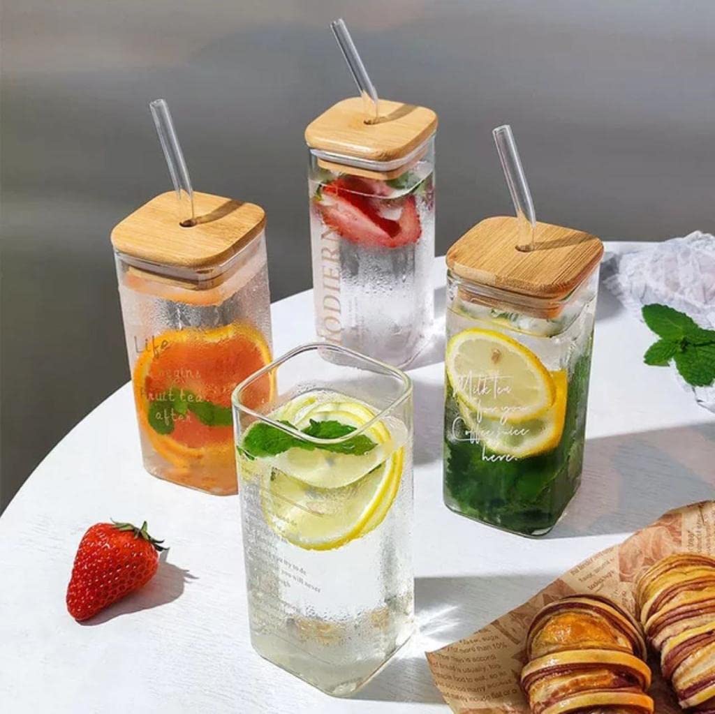 Square Mocktail Tumbler With Acacia Wooden Lid and Glass Straw - 385ML |  Free Smoothy e-Book