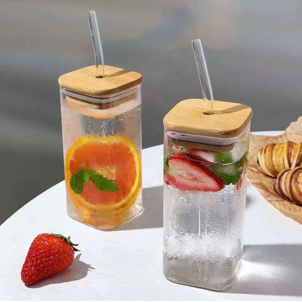 Square Mocktail Tumbler With Acacia Wooden Lid and Glass Straw - 385ML |  Free Smoothy e-Book