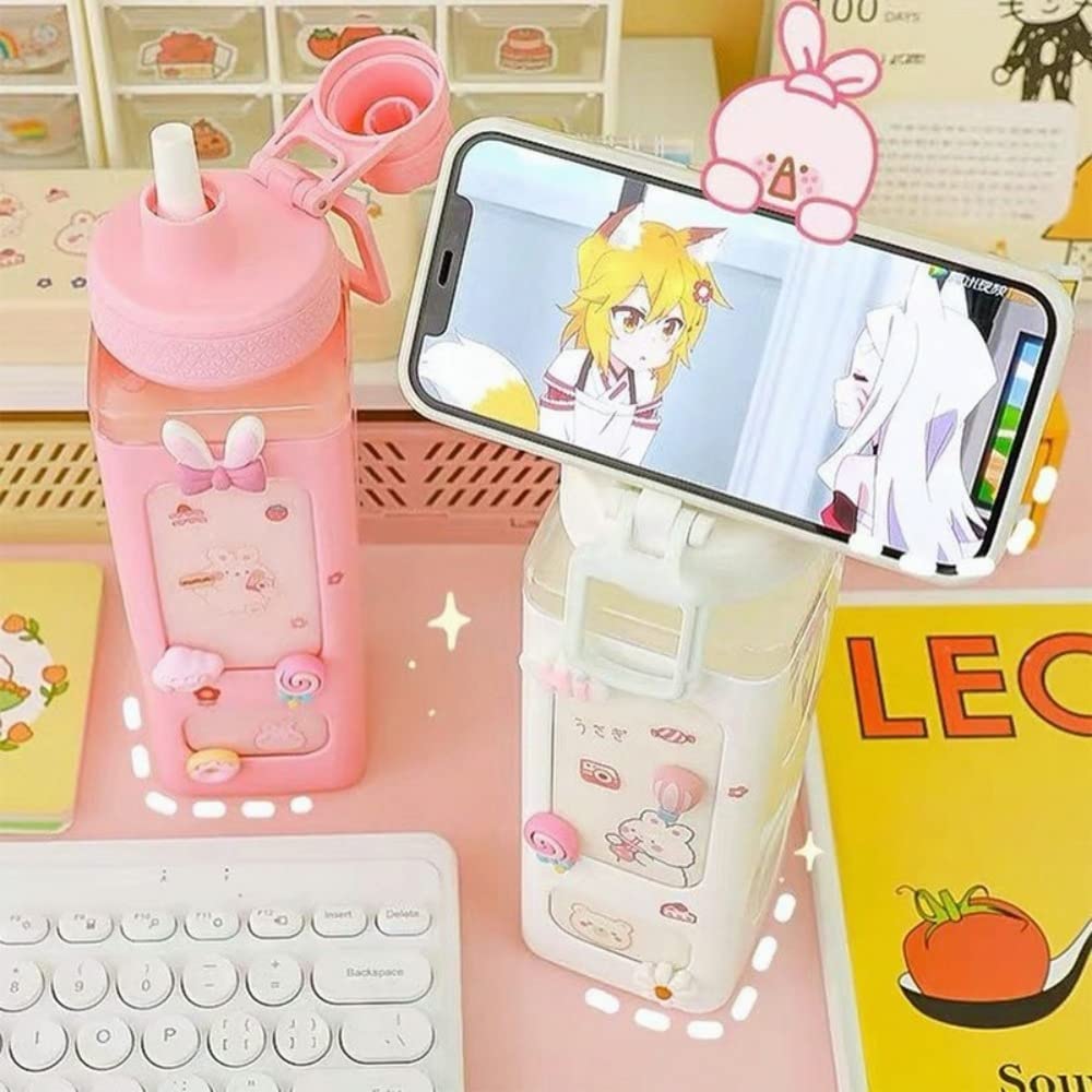 Kawaii Water Bottle With Straw And Sticker 23.6Oz No Leak Large Cute Kawaii  Bear Water Bottles Sport Plastic Portable Square Drinking Bottle For Kids