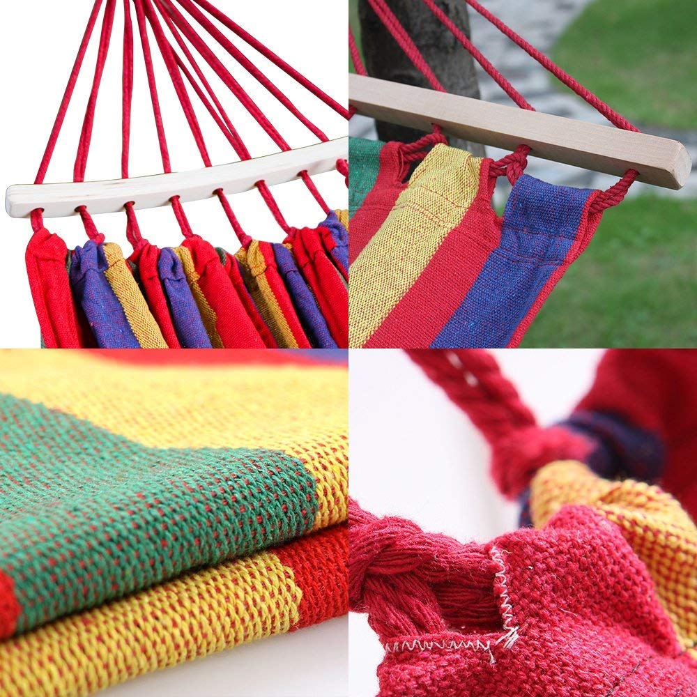 Canvas Fabric Portable Garden Hammocks Striped | With/Without Wooden Curved Strip