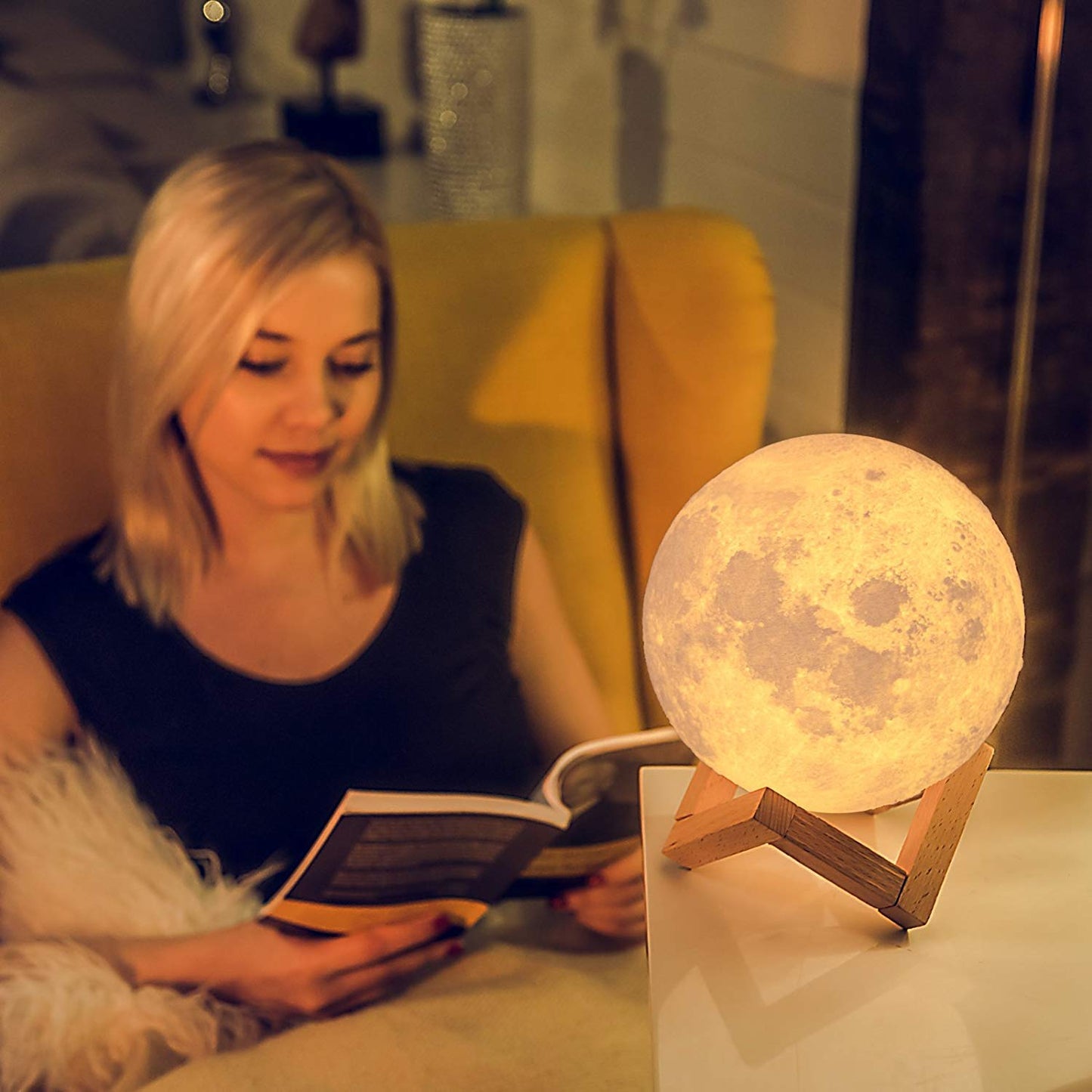 3D Moon Table Lamp With Wooden Stand