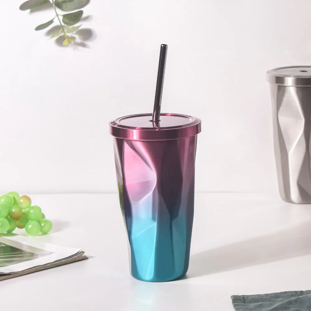 Diamond Shaped Stainless Steel Vacuum Insulated Mug With Straw - 500 ML