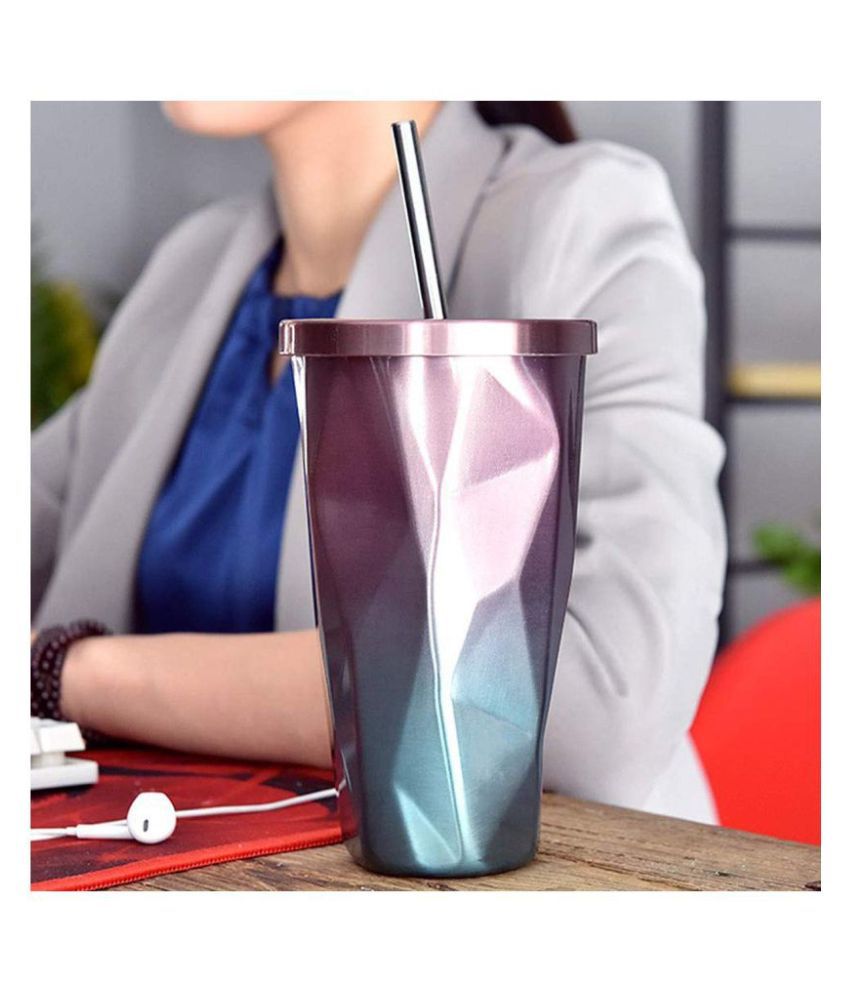 Diamond Shaped Stainless Steel Vacuum Insulated Mug With Straw - 500 ML