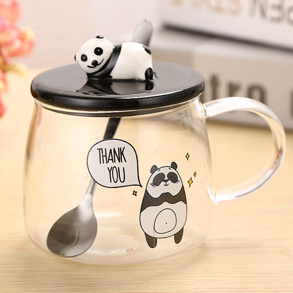 3D Glass Panda Mug With Lid & Spoon